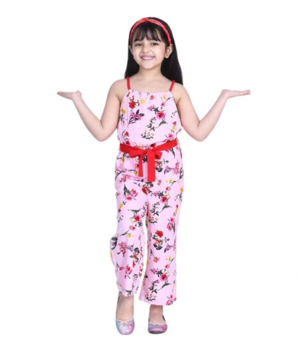 Generic Girl's Polyester Crepe Floral Shoulder Straps Jumpsuit (Pink-Red)