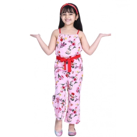 Generic Girl's Polyester Crepe Floral Shoulder Straps Jumpsuit (Pink-Red)