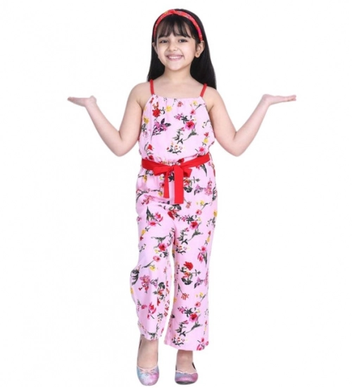 Generic Girl's Polyester Crepe Floral Shoulder Straps Jumpsuit (Pink-Red) Generic Girl's Polyester Crepe Floral Shoulder Straps Jumpsuit (Pink-Red)