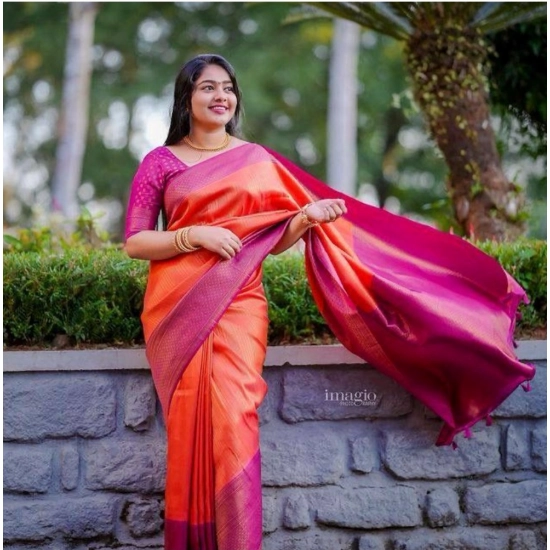 Generic Women's Soft Litchi Silk Jacquard Work Saree With Unstitched Blouse 5.5Mtr (Orange) Generic Women's Soft Litchi Silk Jacquard Work Saree With Unstitched Blouse 5.5Mtr (Orange)