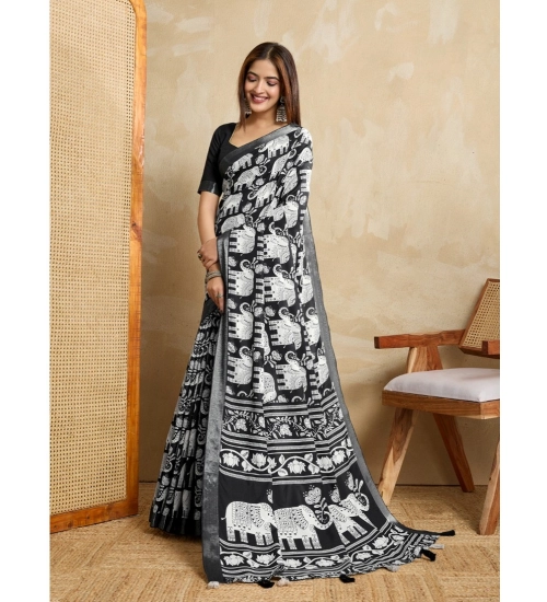 Generic Women's Silk Blend Printed Saree With Unstitched Blouse 5.5Mtr (Black)