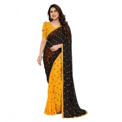 Generic Women's Georgette Printed Saree With Unstitched Blouse 5.5Mtr (Black-Yellow)