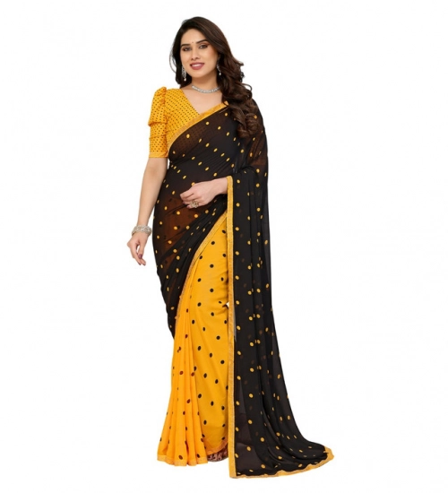 Generic Women's Georgette Printed Saree With Unstitched Blouse 5.5Mtr (Black-Yellow)