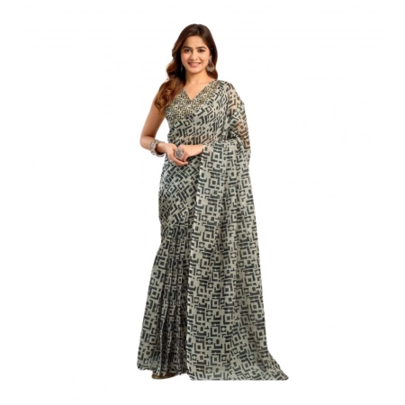 Generic Women's Linen Cotton Printed Ready To Wear With Pocket Saree With Unstitched Blouse 5.5 Mtr (Grey)