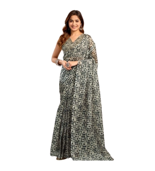 Generic Women's Linen Cotton Printed Ready To Wear With Pocket Saree With Unstitched Blouse 5.5 Mtr (Grey)