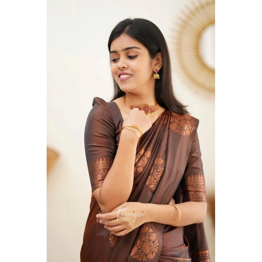Generic Women's Soft Litchi Silk Jacquard Work Saree With Unstitched Blouse 5.5Mtr (Brown)