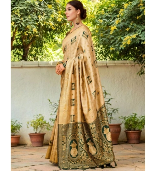 Generic Women's Silk Blend Woven Zari Work Saree With Unstitched Blouse 5.5Mtr (Cream)