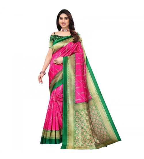 Generic Women's Litchi silk Printed Saree With Unstitched Blouse  5-6 Mtrs (Pink)