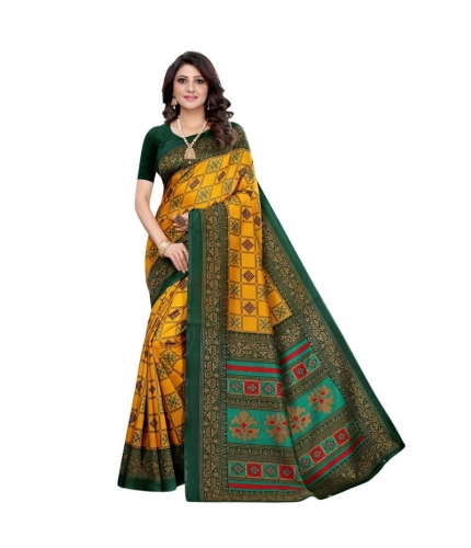Generic Women's Litchi silk Printed Saree With Unstitched Blouse  5-6 Mtrs (Mustard Yellow)