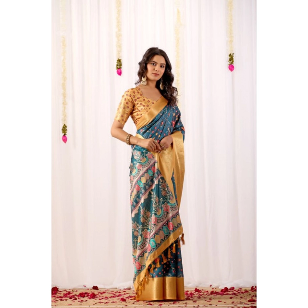 Generic Women's Faux_Banarasi Printed Saree With Unstitched Blouse 5.5Mtr (Teal)