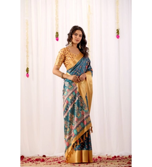 Generic Women's Faux_Banarasi Printed Saree With Unstitched Blouse 5.5Mtr (Teal)