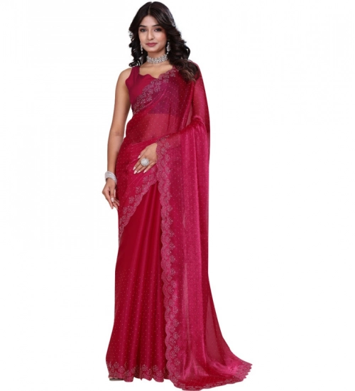 Generic Women's Jimmy choo Embellished Bollywood Saree With Unstitched Blouse 5.5Mtr (Red)