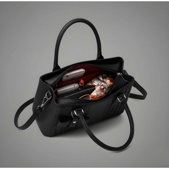 Women's PU Leather Solid Shoulder Zipper Handbag (Black)
