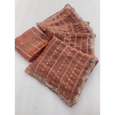 Generic Women's Slik Embellished Saree With Unstitched Blouse 5.5Mtr (Brown)