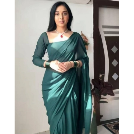 Generic Women's Georgette Solid Saree With Unstitched Blouse 5.5Mtr (Dark Green)
