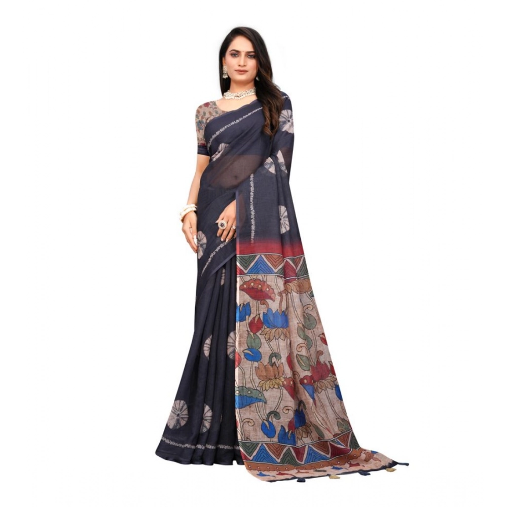 Generic Women's Linen Printed Saree With Unstitched Blouse 5.5Mtr (Black) Generic Women's Linen Printed Saree With Unstitched Blouse 5.5Mtr (Black)