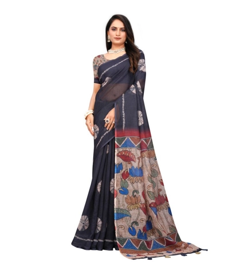 Generic Women's Linen Printed Saree With Unstitched Blouse 5.5Mtr (Black)