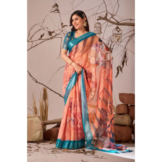 Generic Women's Faux_Linen Printed Saree With Unstitched Blouse 5.5Mtr (Peach)