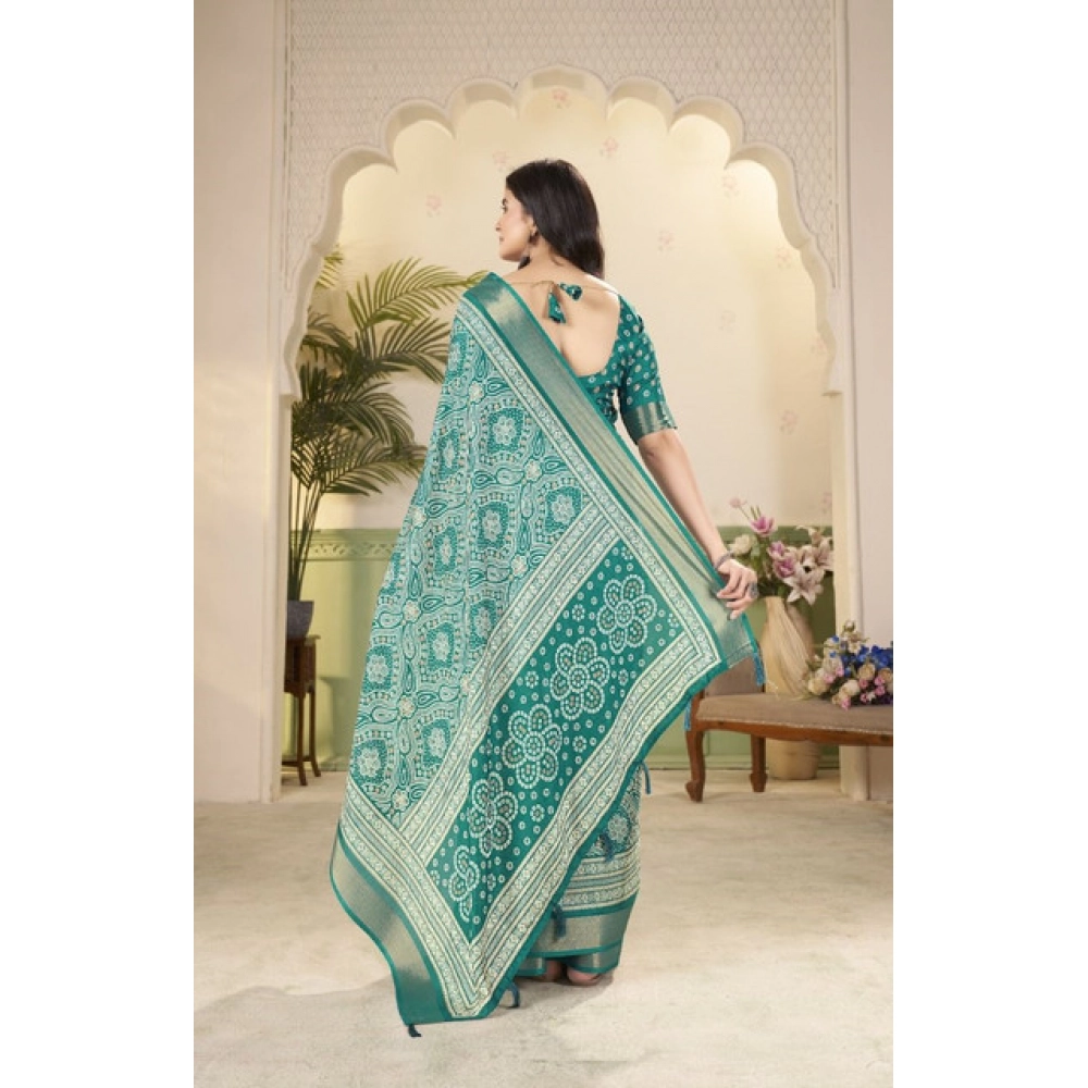 Women's Cotton Silk Floral Printed Saree With Unstitched Blouse 5.5Mtr (Teal)