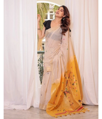 Generic Women's Blended_Cotton Woven_Motifs Saree With Unstitched Blouse 5.5Mtr (Yellow)