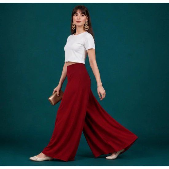 Generic Women's Georgette Solid Mid-Rise Wide Leg Flared Palazzo Pants with Elastic Waist (Maroon) Generic Women's Georgette Solid Mid-Rise Wide Leg Flared Palazzo Pants with Elastic Waist (Maroon)