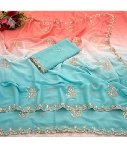 Generic Women's Digital Printed  Geogette Saree With Unstitched Blouse (Blue, 5-6 Mtrs)