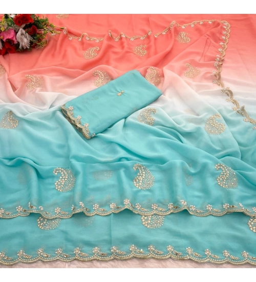 Generic Women's Digital Printed  Geogette Saree With Unstitched Blouse (Blue, 5-6 Mtrs)