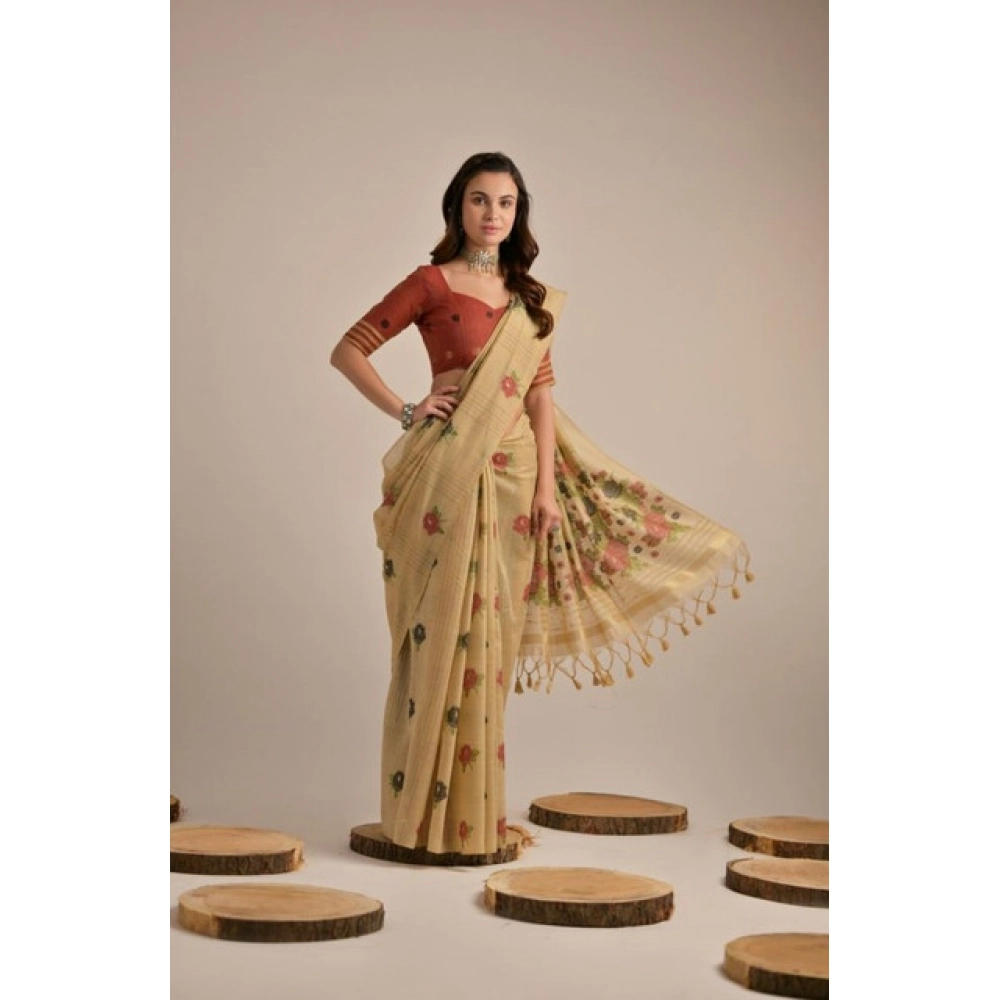 Women's Blended_Cotton Floral Motifs And Woven Buttas Saree With Unstitched Blouse 5.5Mtr (Light_Beige)