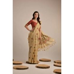 Generic Women's Blended_Cotton Floral Motifs And Woven Buttas Saree With Unstitched Blouse 5.5Mtr (Light_Beige)
