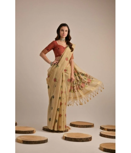 Generic Women's Blended_Cotton Floral Motifs And Woven Buttas Saree With Unstitched Blouse 5.5Mtr (Light_Beige)