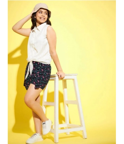 Generic Girl's Polyester Lurex Printed Sleeveless Top Set (White-Navy)