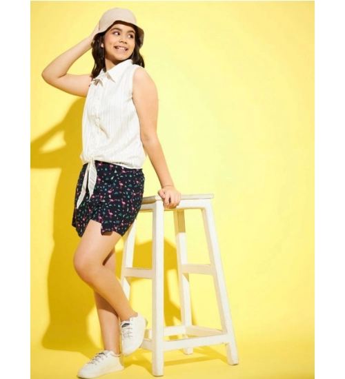 Generic Girl's Polyester Lurex Printed Sleeveless Top Set (White-Navy)