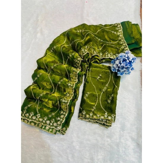 Generic Women's Slik Embellished Saree With Unstitched Blouse 5.5Mtr (Mehendi-Green)