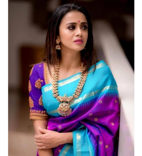 Generic Women's Soft Litchi Silk Jacquard Work Saree With Unstitched Blouse 5.5Mtr (Purple)