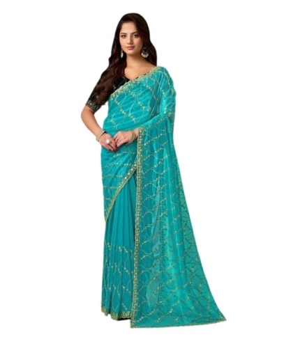 Generic Women's Net Sequence Saree With Unstitched Blouse 5.5Mtr (Turquoise)