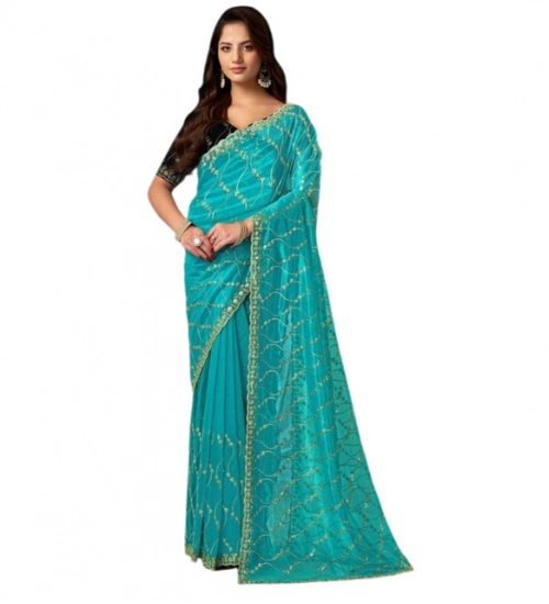 Generic Women's Net Sequence Saree With Unstitched Blouse 5.5Mtr (Turquoise)