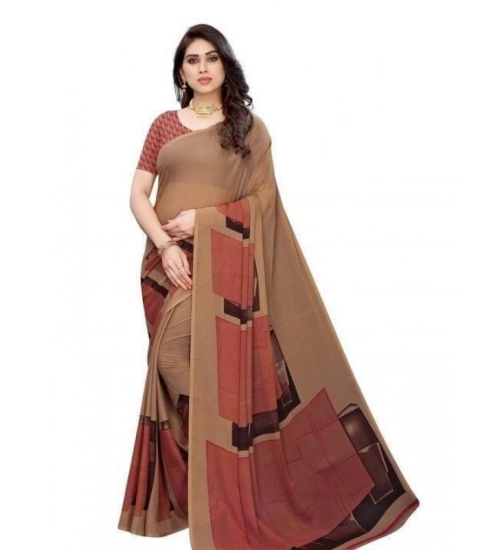 Generic Women's Georgette Printed Saree With Unstitched Blouse 5.5Mtr (Coffee)