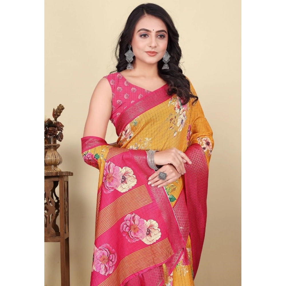 Women’s Cotton Blend Floral Printed Saree With Unstitched Blouse 5.5Mtr (Yellow)