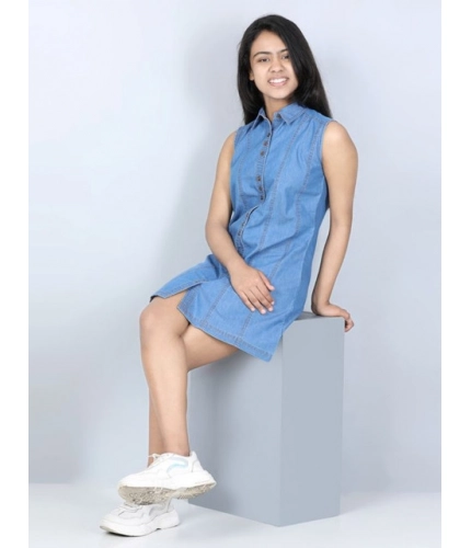 Generic Girl's Denim Solid Cold Shoulder Dress (Blue)