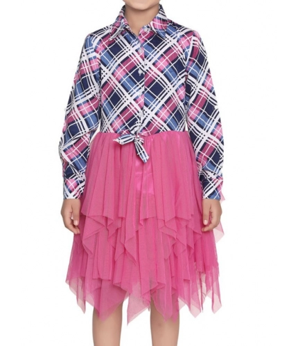 Generic Girl's Polyster Crepe Lace Inserts Long Sleeves Dress (Pink-Blue)