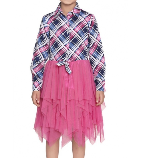 Generic Girl's Polyster Crepe Lace Inserts Long Sleeves Dress (Pink-Blue)