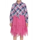 Generic Girl's Polyster Crepe Lace Inserts Long Sleeves Dress (Pink-Blue)