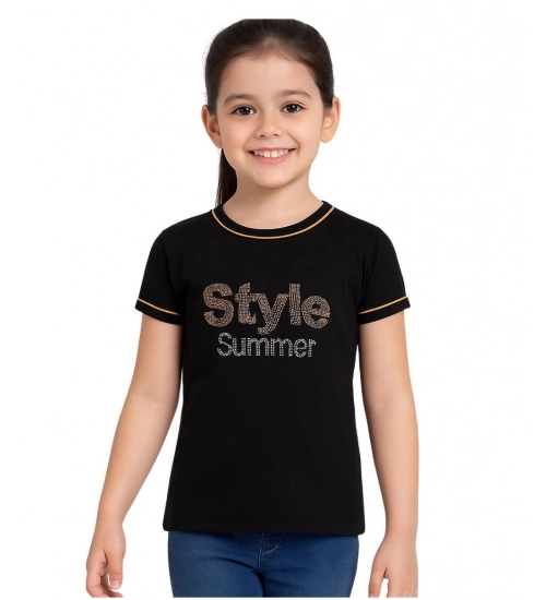 Generic Girl's Cotton Printeded Round Neck T-Shirt (Black)
