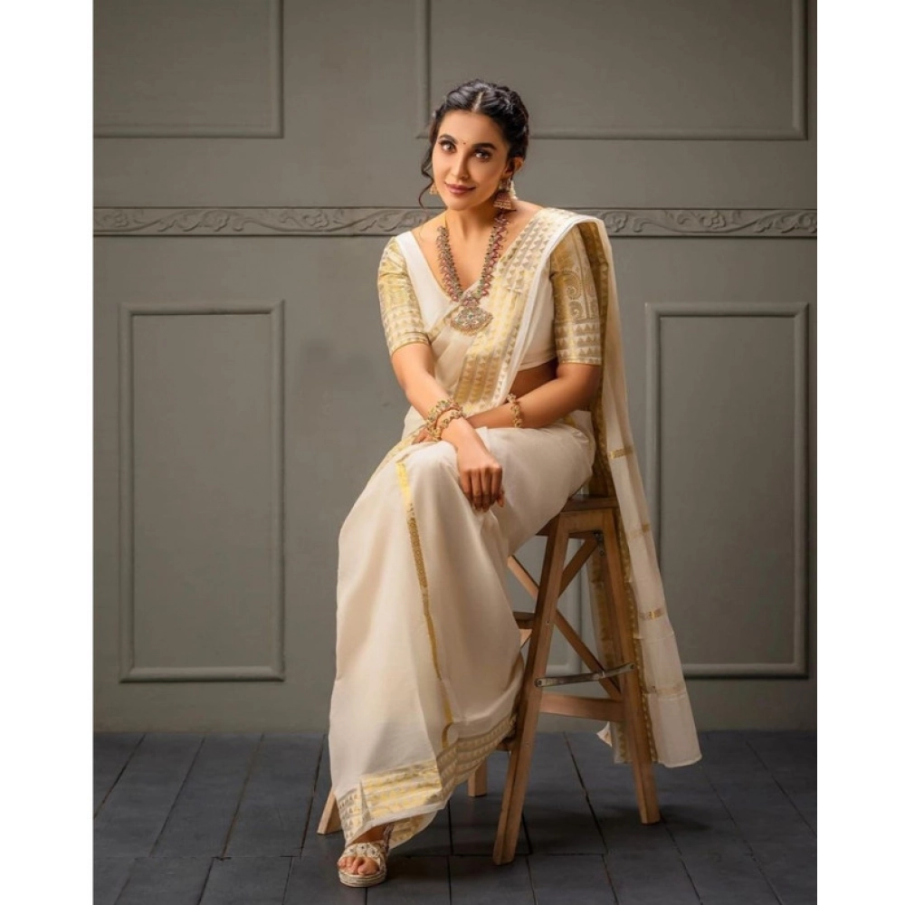 Generic Women's Soft Litchi Silk Jacquard Work Saree With Unstitched Blouse 5.5Mtr (White)