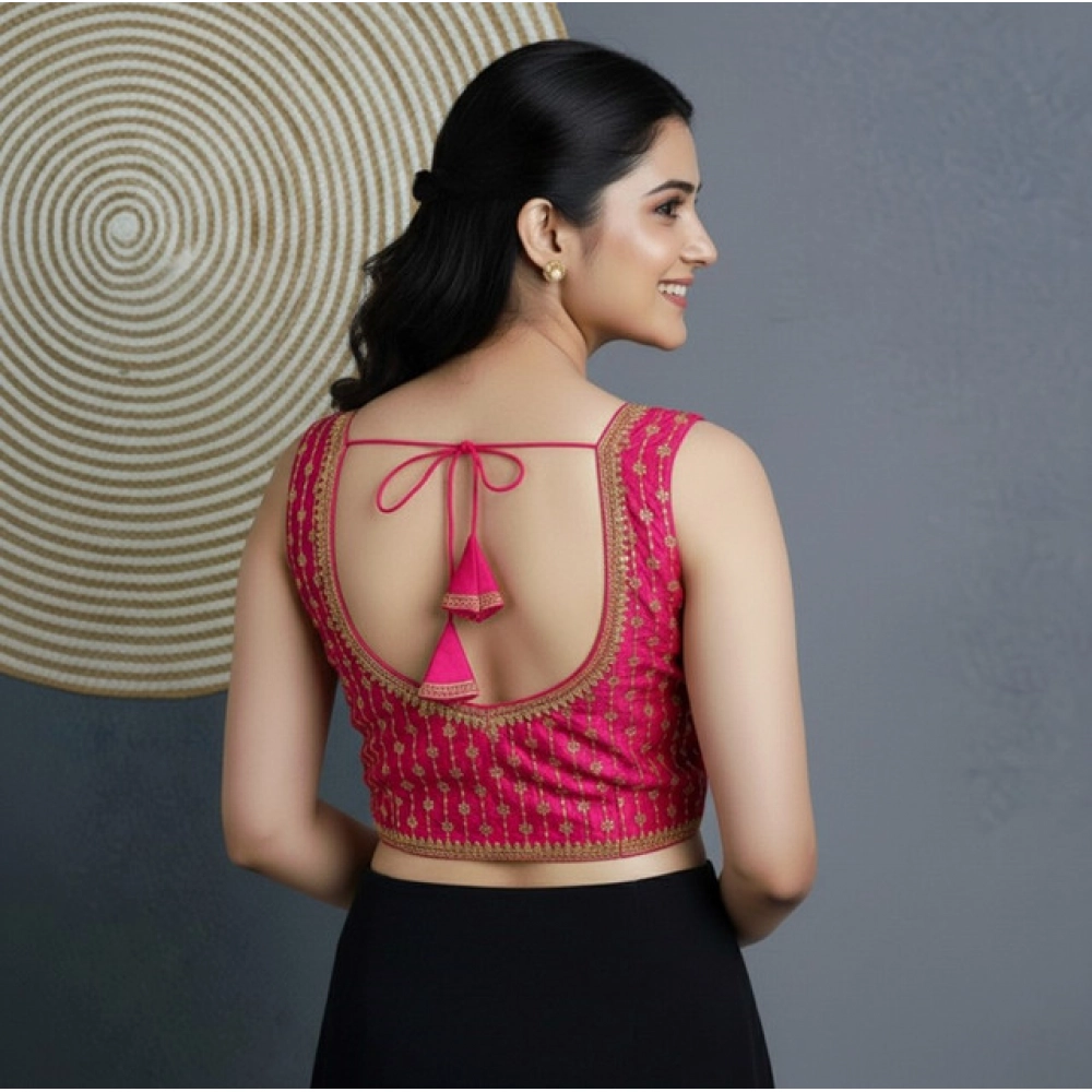 Women's Silk Blend Embroidered V-Neck Non Padded Blouse (Pink 38 Ready (Alterable up to 42)
