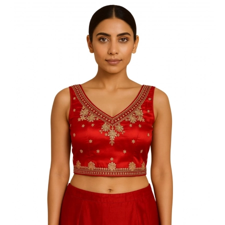 Generic Women's Silk Embroidered V-Neck Sleeveless Readymade Padded Blouse (Red, Size 38) Generic Women's Silk Embroidered V-Neck Sleeveless Readymade Padded Blouse (Red, Size 38)