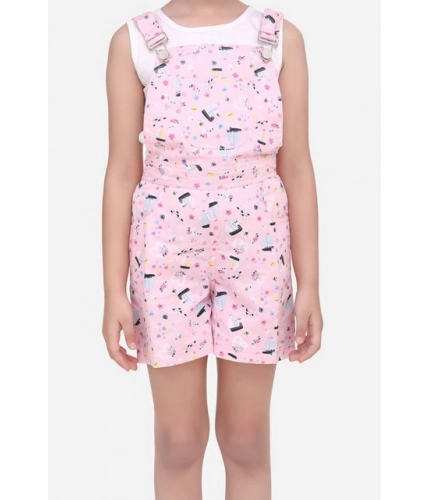 Generic Girl's Inner- Cotton Printed Sleeveless Dungaree (Light Pink)