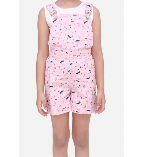 Generic Girl's Inner- Cotton Printed Sleeveless Dungaree (Light Pink)