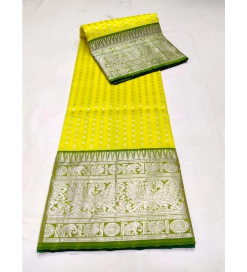 Generic Women's Soft Litchi Silk Jacquard Work Saree With Unstitched Blouse 5.5Mtr (Yellow)