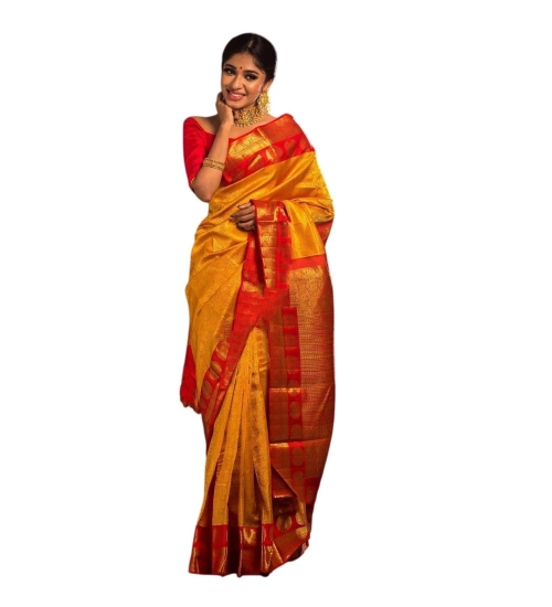 Generic Women's Soft Litchi Silk Jacquard Work Saree With Unstitched Blouse 5.5Mtr (Mustard Yellow)